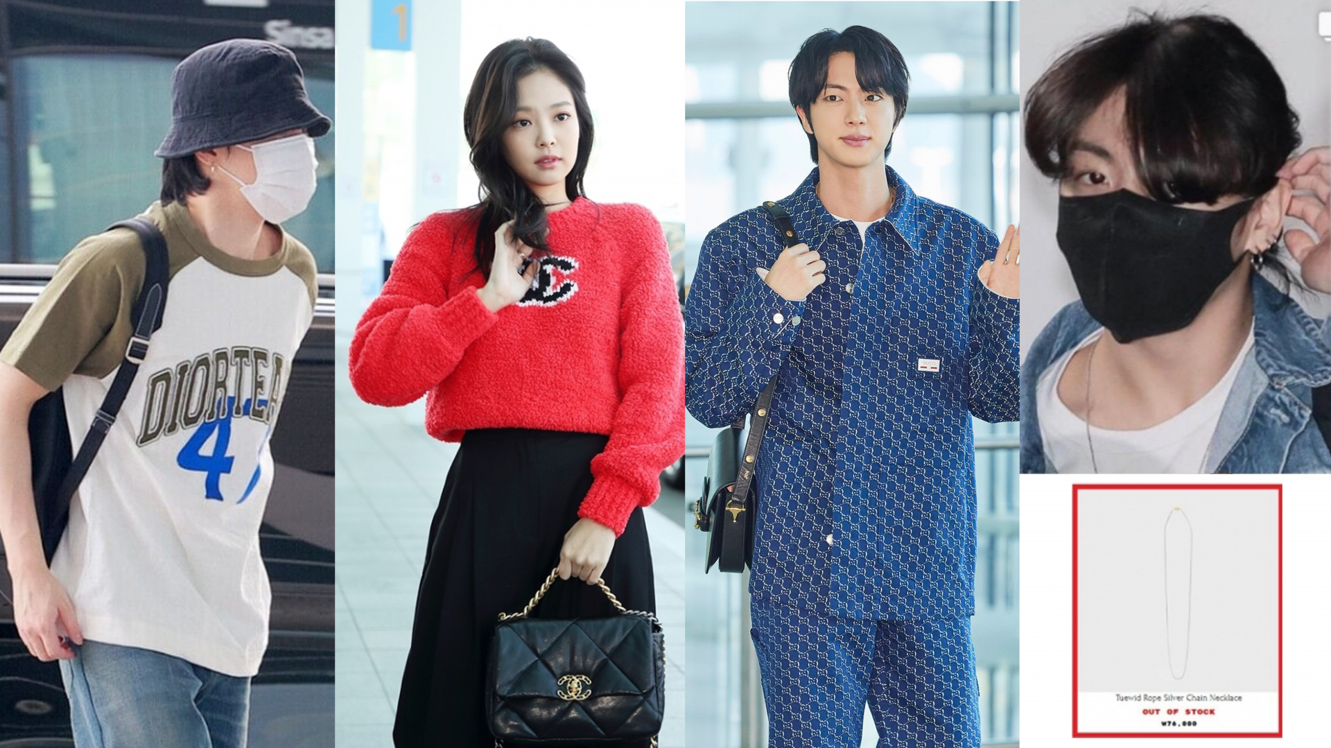 왼쪽부터 디올과 협업한 BTS 지민, 샤넬과 협업한 블랙핑크 제니, 구찌 제품을 착용한 BTS 진, 은목걸이를 착용한 BTS 정국. 각사 제공