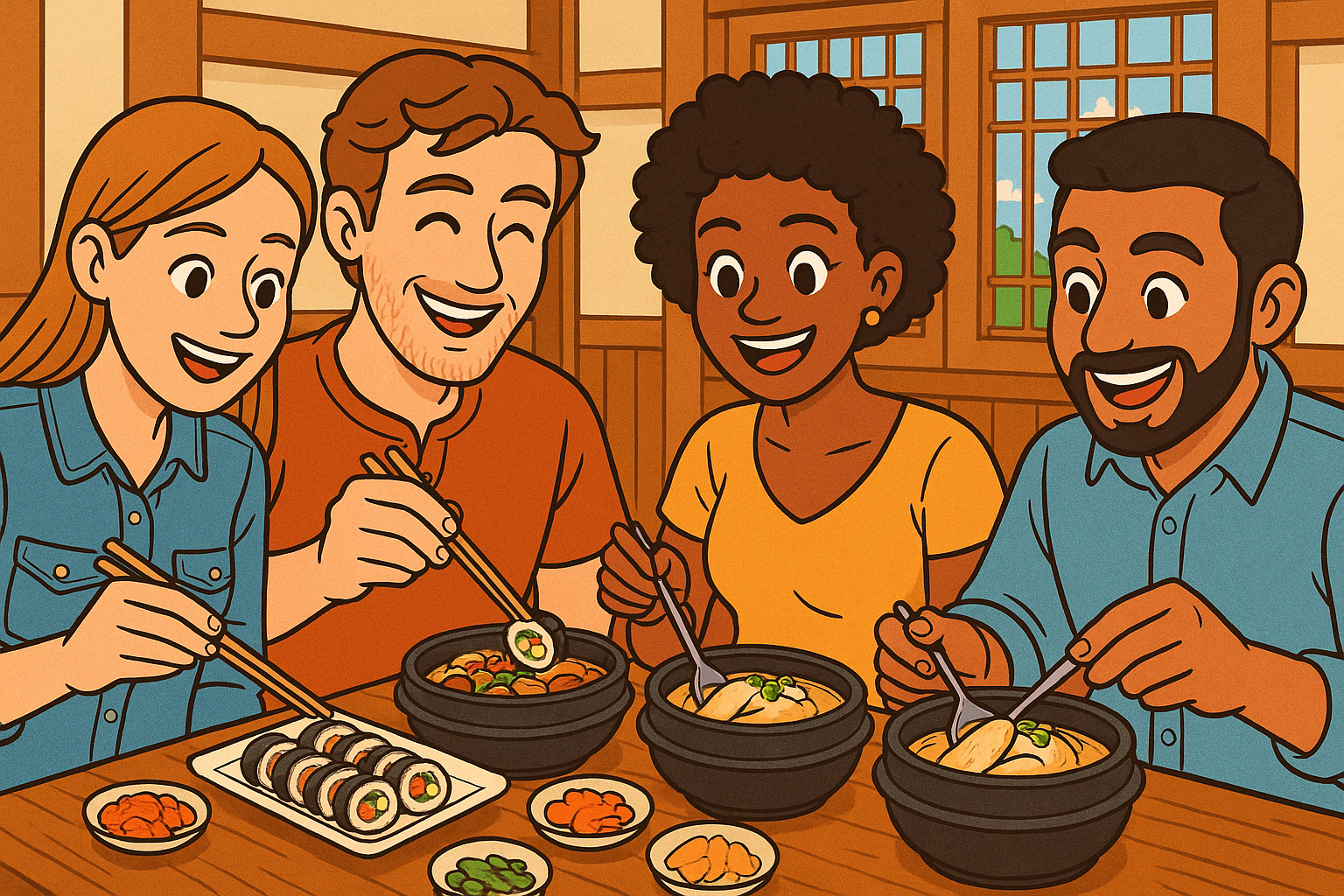 외국인들이 김밥, 삼계탕 등을 즐기는 모습. 이미지출처=DALL·E 3