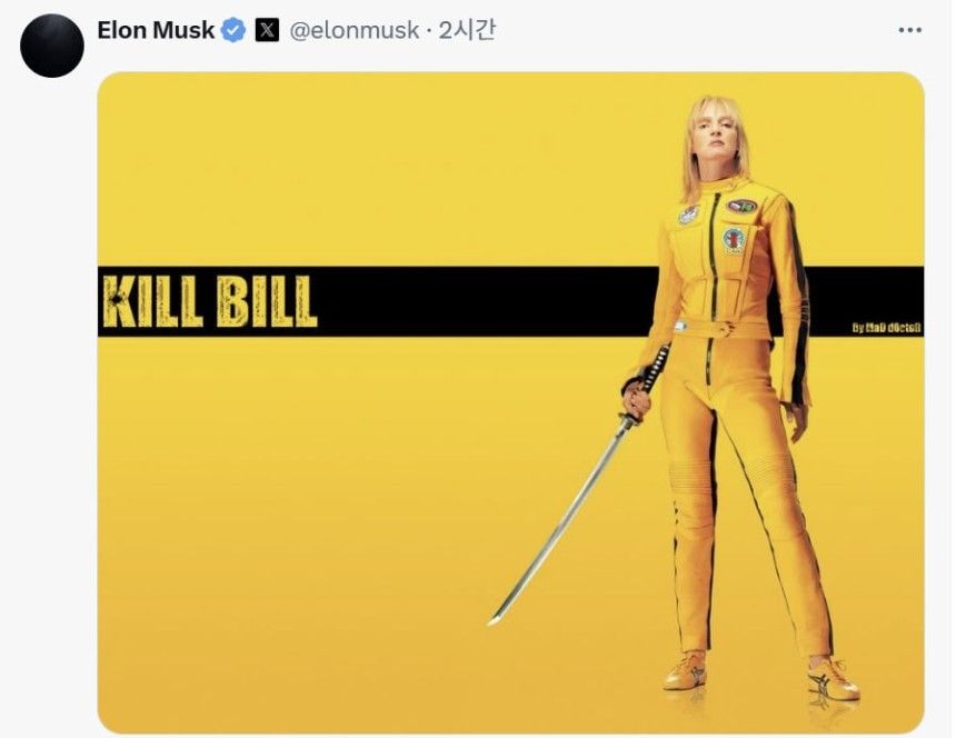 일론 머스크 테슬라 최고경영자(CEO)는 4일 X(옛 트위터)에 ‘KILL the BILL(법안을 없애라)’이라는 글과 함께 영화 ‘킬 빌’의 포스터를 올리며 트럼프 감세안에 대한 비판을 이어갔다. / 출처 : X
