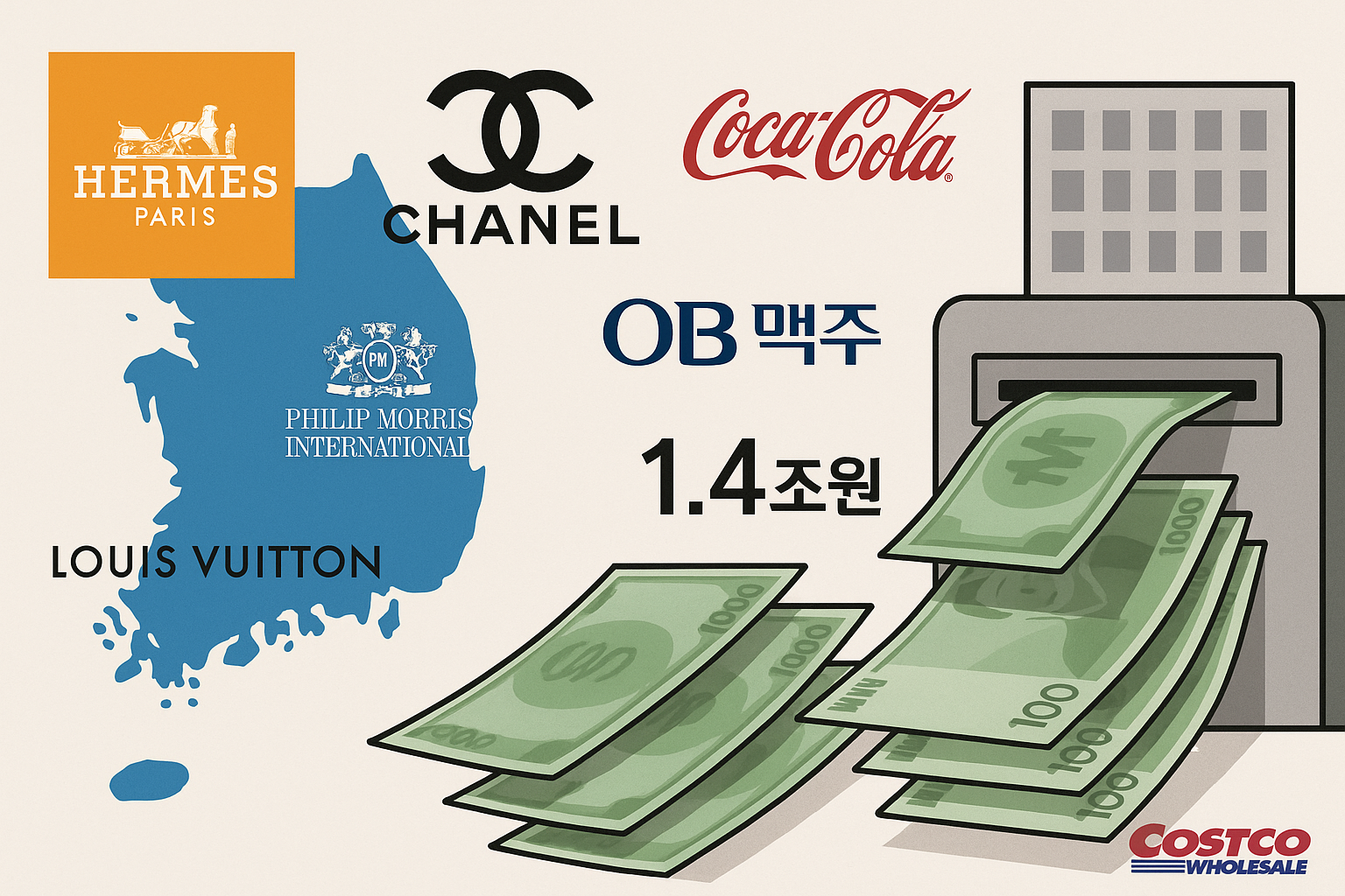 주요 외국계 소비재·유통 기업 7곳이 지난해 배당금과 로열티 등 명목으로 본사로 송금한 금액이 1조4000억원을 넘어선 것으로 나타났다. 반면 이들 7개 외국계 기업이 지난해 국내에서 납부한 법인세 총액은 3662억원에 불과하다. 외국계 기업이 한국 사업장을 '현금 지급기'로 인식하고 있다는 비판이 나온다. DALL·E 3｜그래픽=김인욱