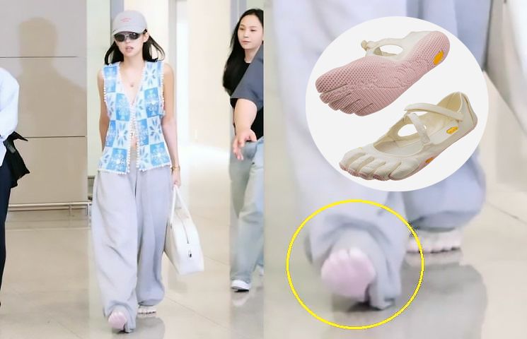 지난 11일 블랙핑크 제니가 인천국제공항에 '발가락 신발'을 신고 등장해 화제가 되었다. 디스패치 유튜브. 비브람 파이브핑거스 코리아 홈페이지 캡처.