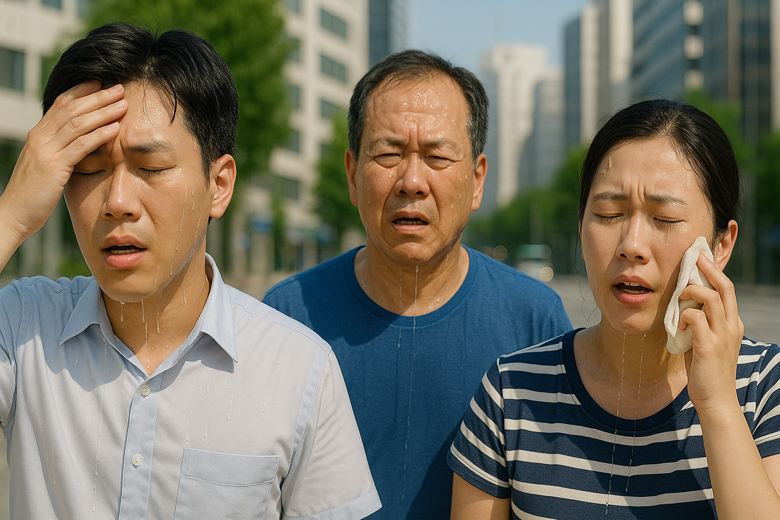 역대급 폭염에 사람들이 땀을 비오듯 흘리고 있다. DALL·E 3｜그래픽=김인욱
