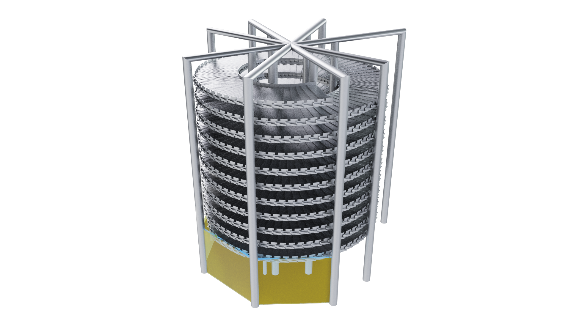 Spiral Cooling Conveyor ■ Role: Cools freshly made products to enable packaging ■ Size: Height 5m, Width 6m, Depth 6m■ Operation Method: Conveyor belt slowly rotates counterclockwise in a spiral shape to cool products■ Manufacturing Date: Unknown■ Introduction Date: 1995■ Safety Features: Emergency stop button installed on the outer side of the circular conveyor belt