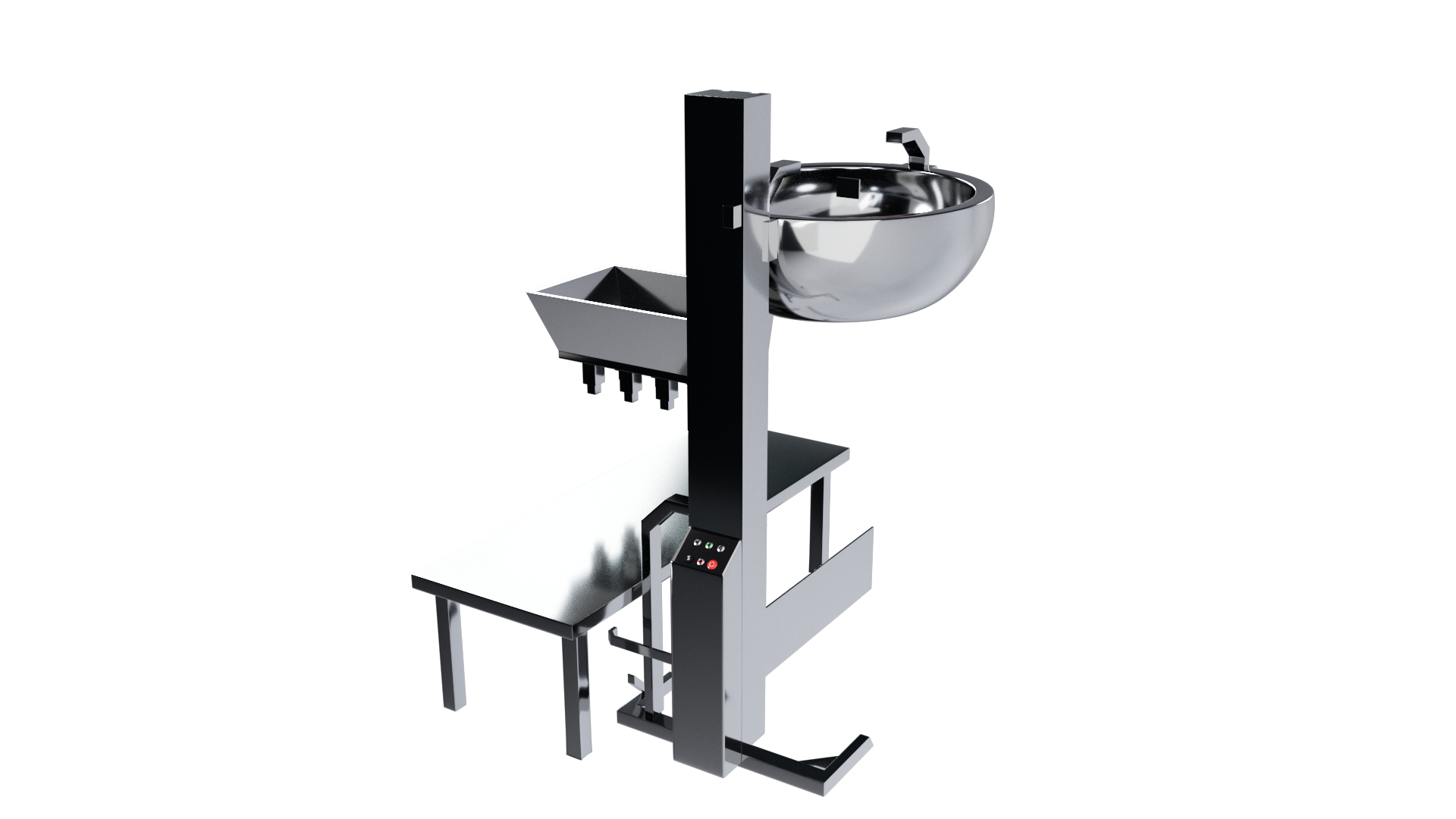 Dough Lift ■ Role: Feeding dough into the divider ■ Size: Height 2m30cm, Width 1m18cm, Depth 89cm■ Operation method: Bowl containing dough moves up and down■ Manufacturing date: August 2020■ Introduction date: March 2023■ Safety device: Emergency stop button installed on lift column