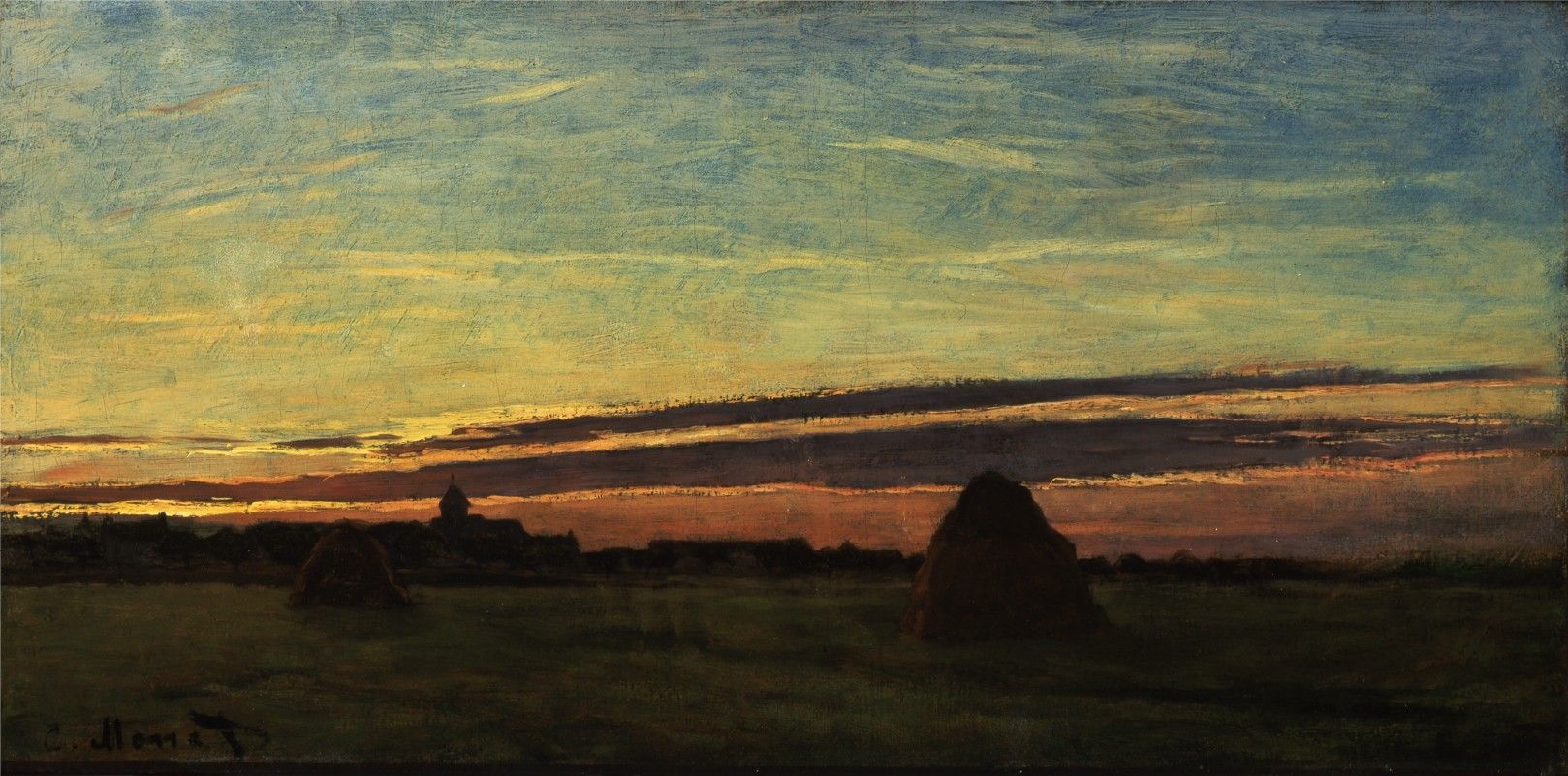 클로드 모네, 샤이의 건초더미들, 캔버스에 유채, 1875년, 30.16 cm x 60.48 cm, 샌디에이고 미술관