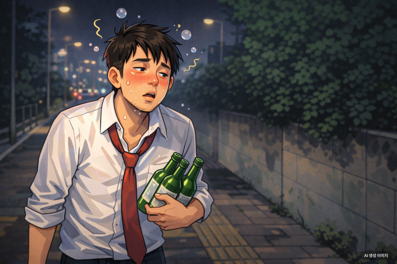 "어젯밤, 한 세 병 정도 마셨을까요?"