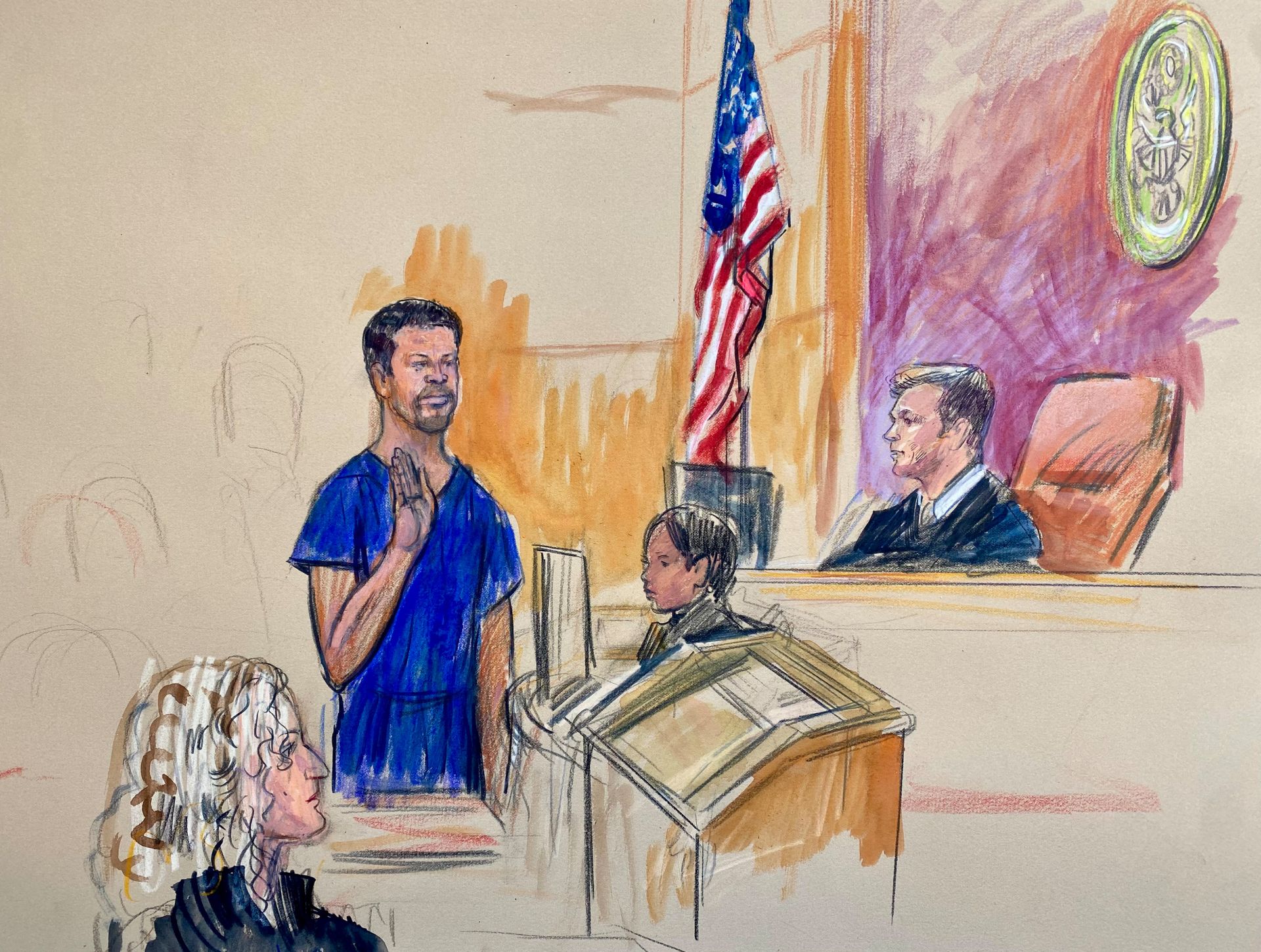 A courtroom sketch depicting Cole Thomas Allen, who was arrested in connection with the White House dinner shooting incident, appearing at the Washington Federal Court on the 27th (local time). Photo by AP Yonhap News.